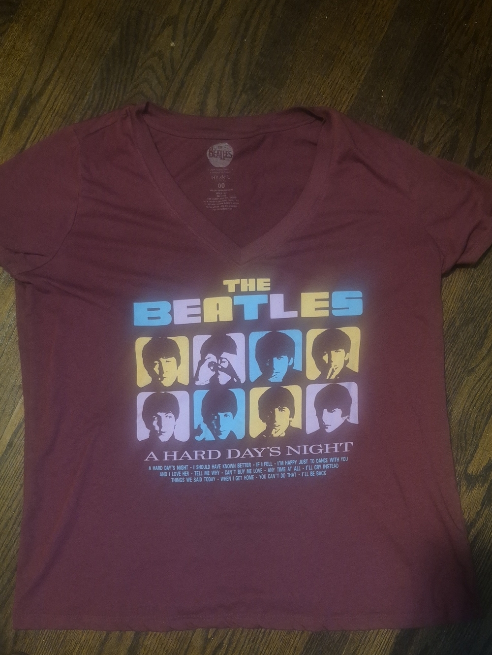 The Beatles Burgundy V-Neck Tee with Multicolor Portrait Blocks